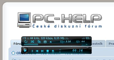 (Máš to i s logem PC-HELP abys viděl ten velikostní rozdíl)<br />Ten vrchní obdelník v kterým běhá název, bitrate, formát,.. (dá se nastavit co tam chceš) se zobrazí jenom když najedeš na ten spodní, dá se to ale připnout tak že se ti zobrazujou pořád oba. U každýho skinu je to ale jinak, většinou jsou tam ale v základu tlačítka stop, play/pause, back, next, a volume, čas a nějaká animace, velikost je (asi?) vždy stejná.