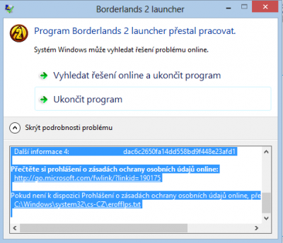 Název události problému:	CLR20r3<br />  Podpis problému 01:	launcher.exe<br />  Podpis problému 02:	1.0.0.0<br />  Podpis problému 03:	504ec236<br />  Podpis problému 04:	mscorlib<br />  Podpis problému 05:	4.0.30319.17929<br />  Podpis problému 06:	4ffa561c<br />  Podpis problému 07:	1fe3<br />  Podpis problému 08:	17<br />  Podpis problému 09:	System.InvalidOperationException<br />  Verze operačního systému:	6.2.9200.2.0.0.256.48<br />  ID národního prostředí:	1029<br />  Další informace 1:	5861<br />  Další informace 2:	5861822e1919d7c014bbb064c64908b2<br />  Další informace 3:	dac6<br />  Další informace 4:	dac6c2650fa14dd558bd9f448e23afd1<br /><br />Přečtěte si prohlášení o zásadách ochrany osobních údajů online:<br />  http://go.microsoft.com/fwlink/?linkid=190175<br /><br />Pokud není k dispozici Prohlášení o zásadách ochrany osobních údajů online, přečtěte si toto prohlášení offline:<br />  C:\Windows\system32\cs-CZ\erofflps.txt