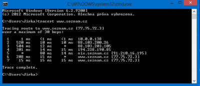 tracert www.seznam.cz