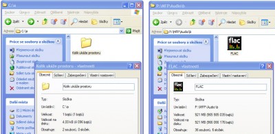 Vpravo fyzický adresář FLAC o velikosti 921 MB, vlevo adresář, který obsahuje jednobajtový soubor + přilinkovaný adresář FLAC
