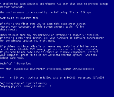 Obrázek není můj je stažený z internetu, ale takhle nějak vypadá moje chyba při ukázání modré obrazovky