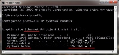 Příkazový řádek - ipconfig