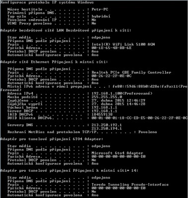 Ipconfig/all přes wifi router přes kabel