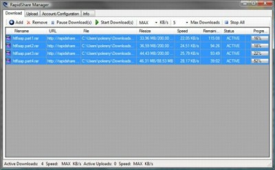 Rozhoduji se mezi programy RapGet a RapidshareManager – jak si mám vybrat?<br /><br />Program RapGet je jednoduchý program, který je přeložen i do českého jazyka, proto je jasnou volbou pro neanglicky hovořící uživatele. Nicméně pokud umíte anglicky alespoň natolik, aby jste dokázali program Rapidshare Manager ovládat – doporučujeme zcela jistě jeho. Jeho hlavní výhody jsou stahování souběžných souborů. Upload souborů na servery Rapidshare.com a pohodlná správa stažených souborů – např. díky možnosti ukládání poznámek k souborům (např. heslo pro rozbalení archivu apod.).