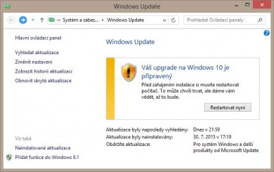 Druhé okno, které vyžaduje restart