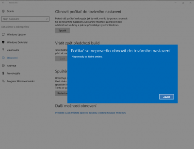 počítač se nepovedlo obnovit do továrního nastavení