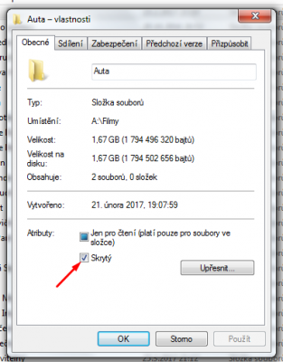 Vypni skrytou složku ve vlastnostech