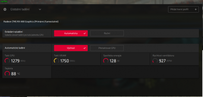 V menu z hry rocket league - nechápavě Mhz na doraz a teplota brutální. Větráky nejedou na max to je pravda, zkusil jsem nechat to automatické, ale musím to dát na ruční jinak ta grafika bude furt na 85+ C*